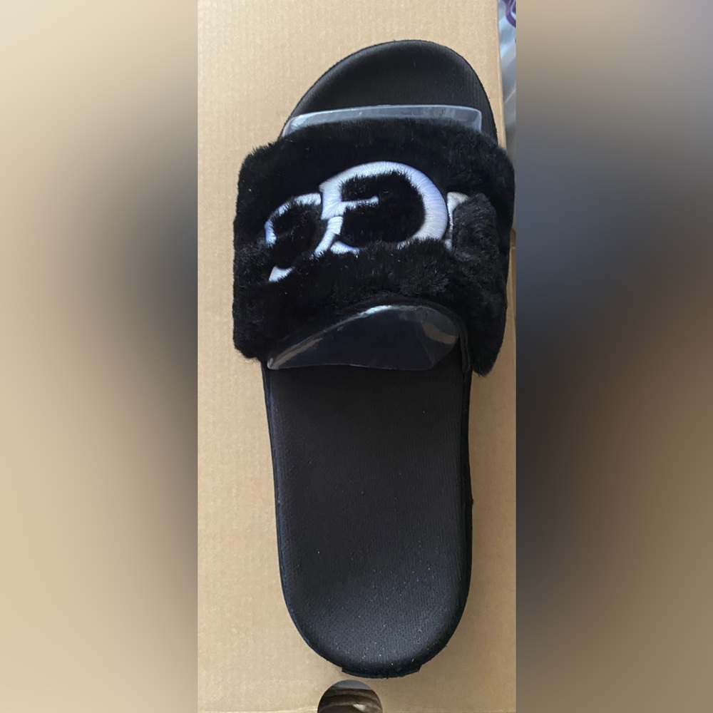 Black Faux Fur Slide Sandals with Embroidered Logo